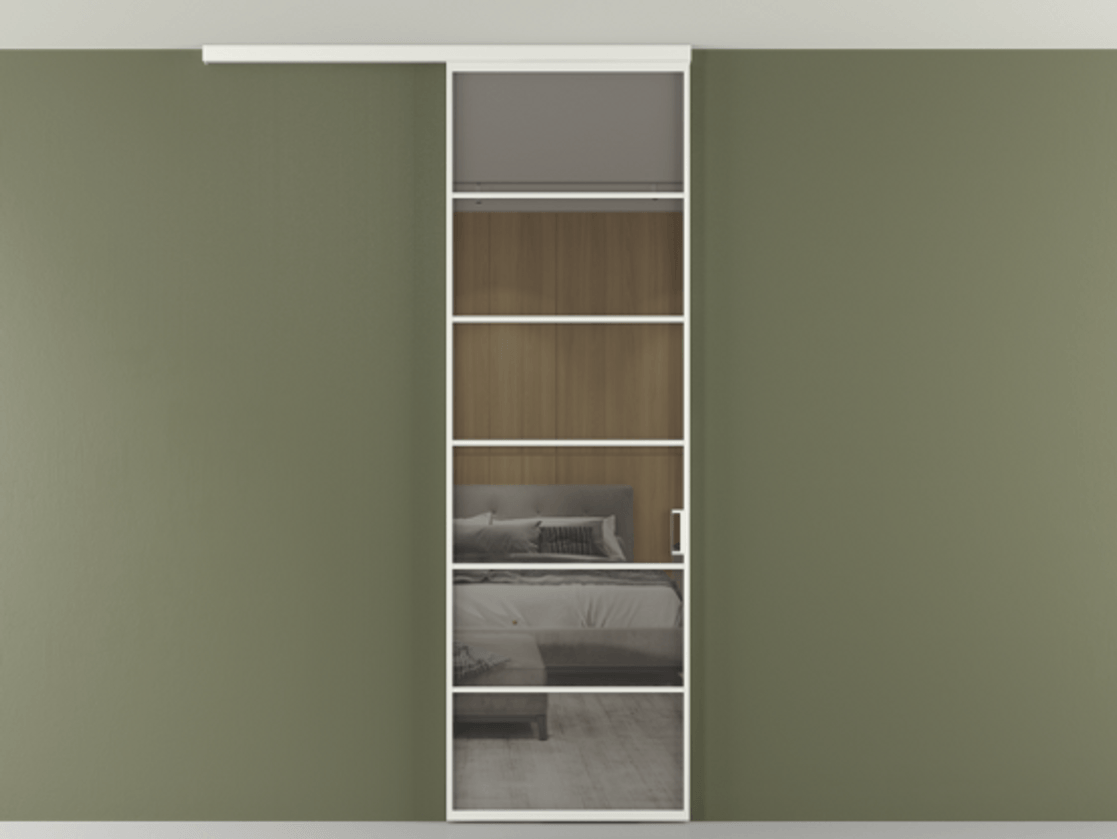 Перегородка Formato вдоль стены на потолок 1 створка АЛПР 040.04 Алюминий светло-серый Рефлективное серое стекло "Стопсол", калёное Цена 27220270 so'm | Volhovec