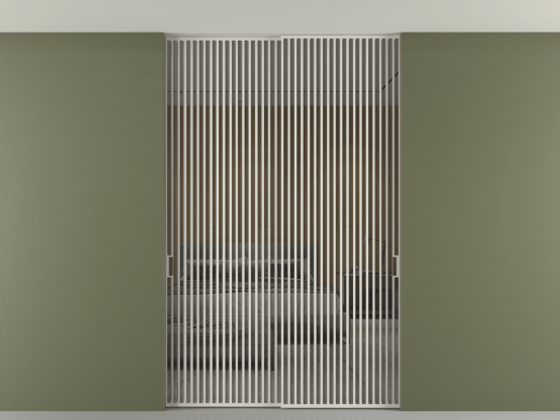 Перегородка Формато внутри проёма скрытое крепление в потолок 2 створки АЛПР 040.06 Алюминий Белый Рефлективное серое стекло "Стопсол", калёное Цена 102080580 so'm | Volhovec