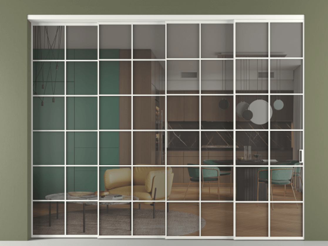 Перегородка Формато внутри проёма 4 створки с синхронным механизмом АЛПР 040.05 Алюминий светло-серый Прозрачное серое стекло, триплекс Цена 99202040 so'm | Volhovec