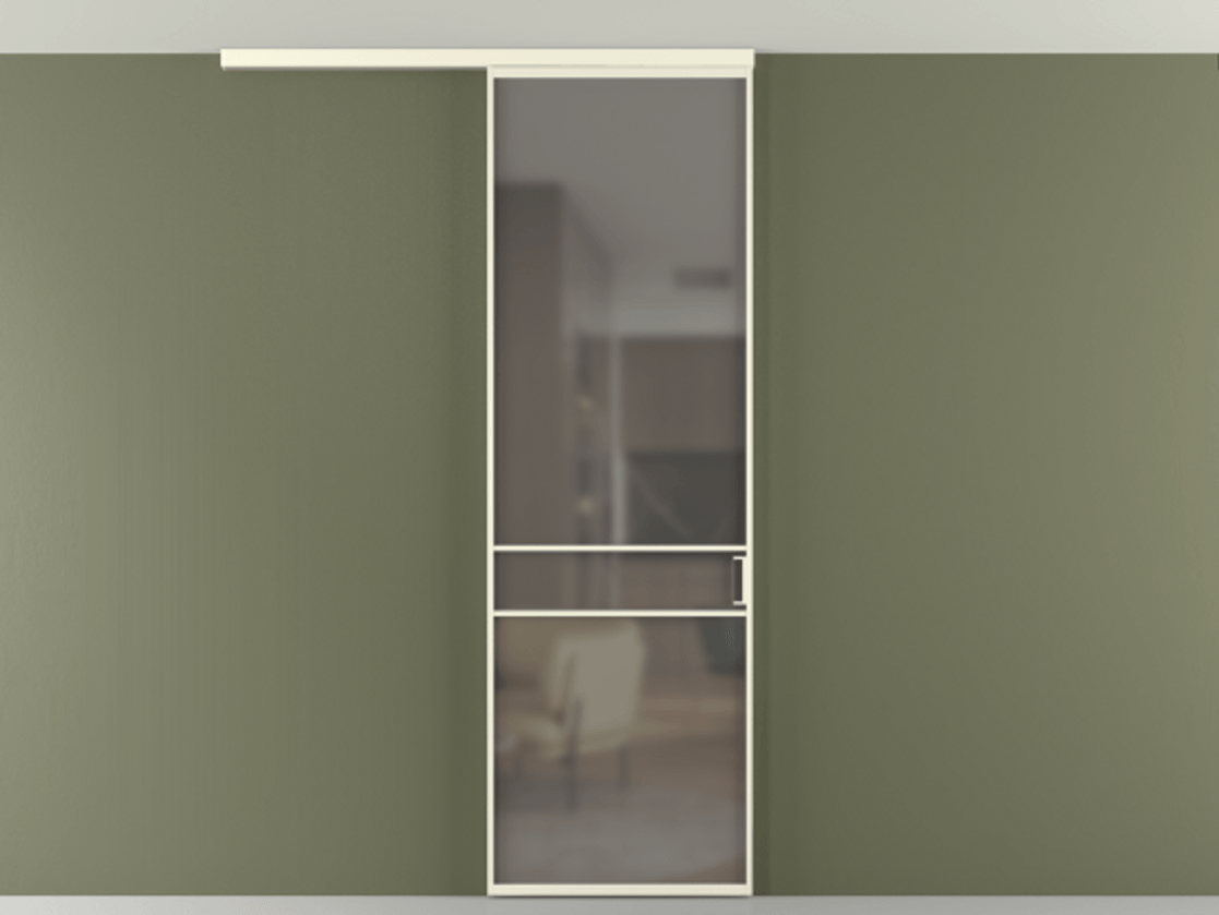 Перегородка Формато вдоль стены на потолок 1 створка АЛПР 040.02 Алюминий молочно-белый Сатинированное серое стекло, триплекс Цена 19662170 so'm | Volhovec