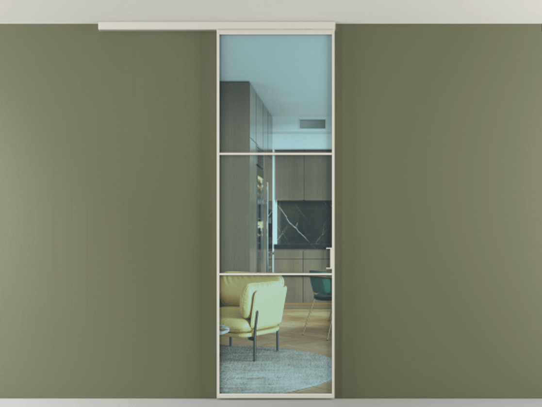 Перегородка Формато вдоль стены на потолок 1 створка АЛПР 040.03 Алюминий облачно-серый Прозрачное голубое стекло, триплекс Цена 19662150 so'm | Volhovec