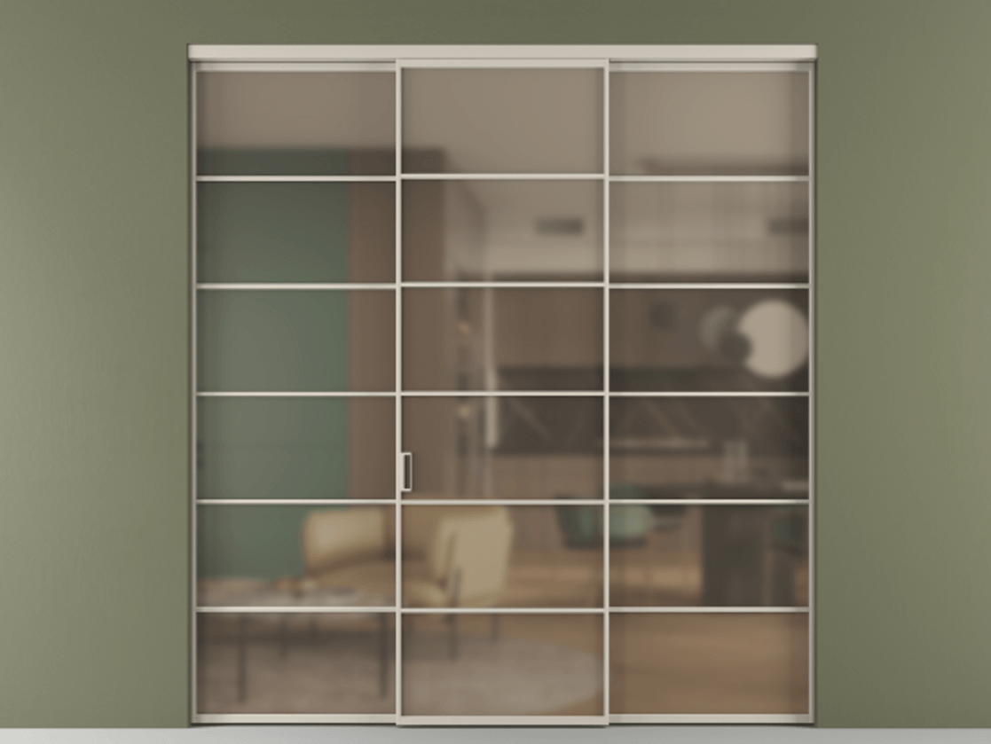 Перегородка Формато внутри проёма 3 створки АЛПР 040.04 Алюминий светло-бежевый Сатинированное бронзовое стекло, триплекс Цена 51729480 so'm | Volhovec