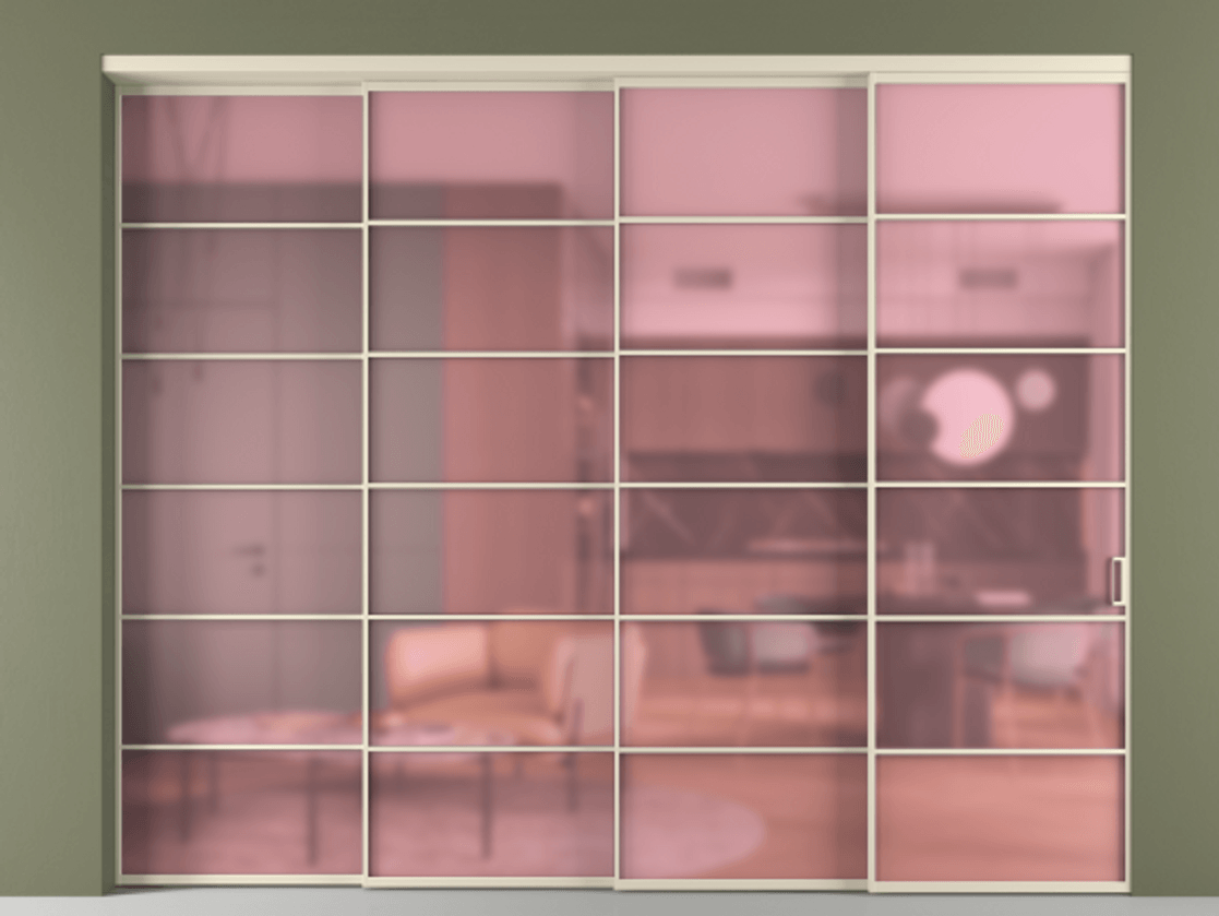 Перегородка Formato внутри проёма 4 створки с синхронным механизмом АЛПР 040.04 Алюминий бежево-серый Сатинированное розовое стекло, триплекс Цена 112665000 so'm | Volhovec