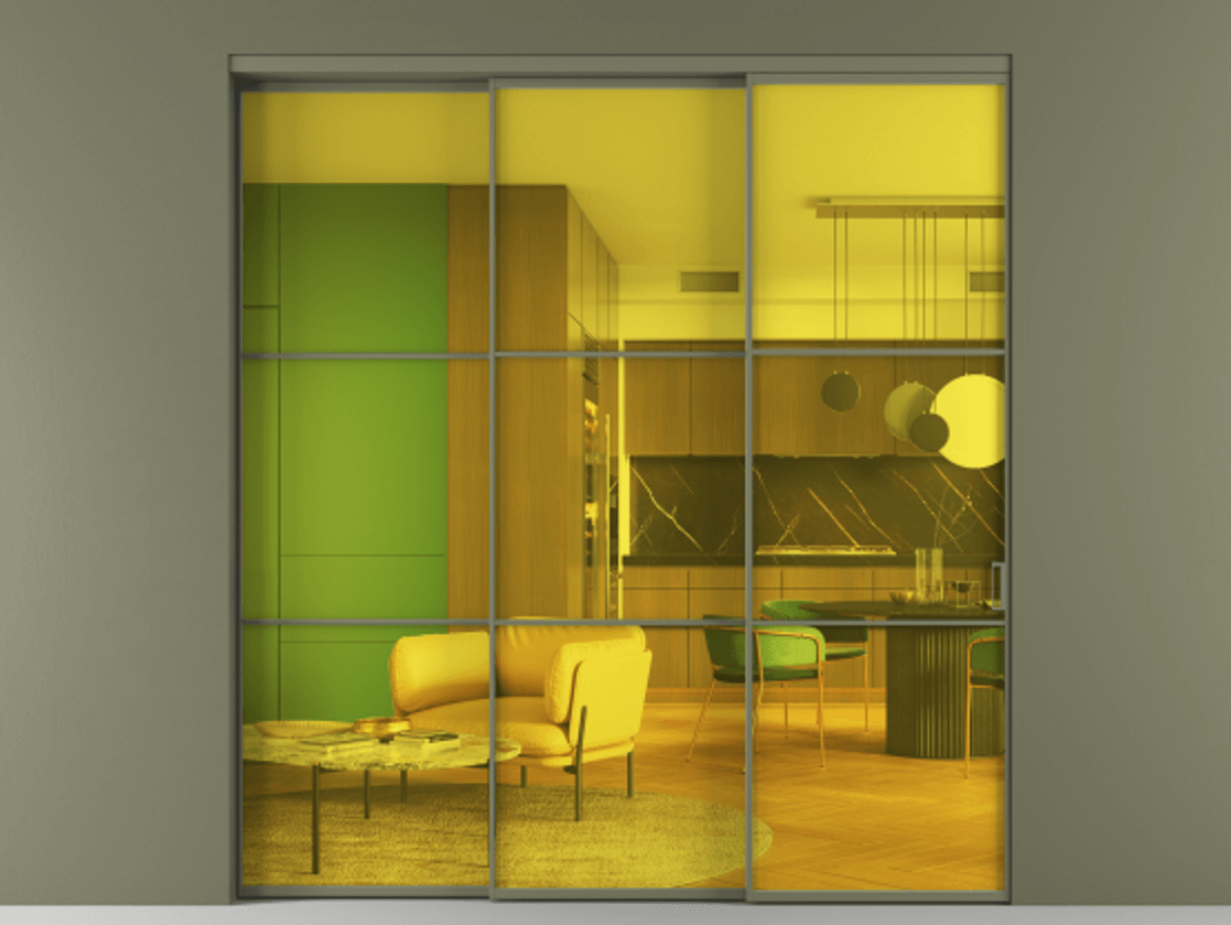 Перегородка Formato внутри проёма 3 створки с синхронным механизмом АЛПР 040.03 Алюминий оливковый тёмный Прозрачное жёлтое стекло, триплекс Цена 69941620 so'm  | Volhovec