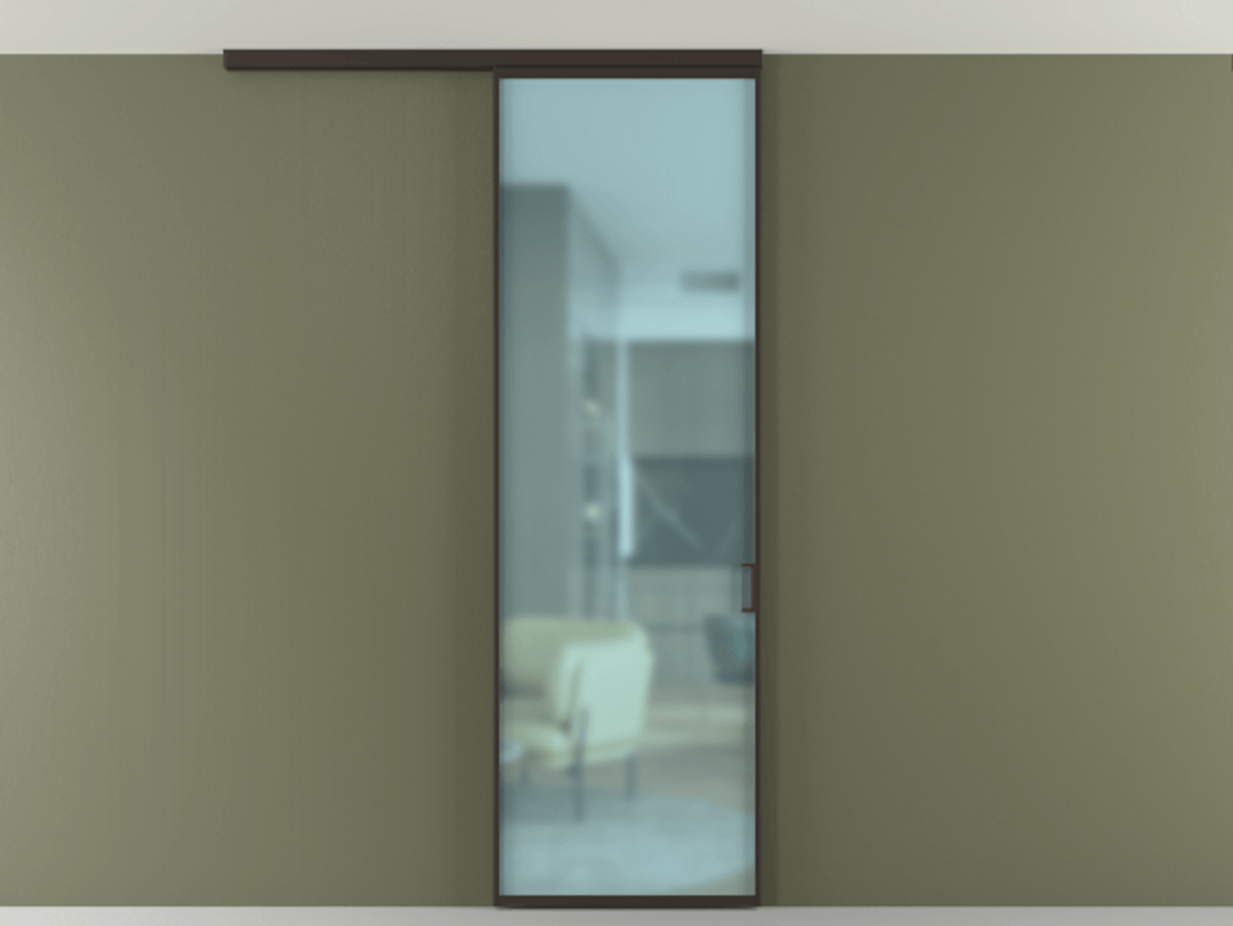 Перегородка Формато вдоль стены на потолок 1 створка АЛПР 040.01 Алюминий антрацит Сатинированное голубое стекло, триплекс Цена 18757780 so'm | Volhovec