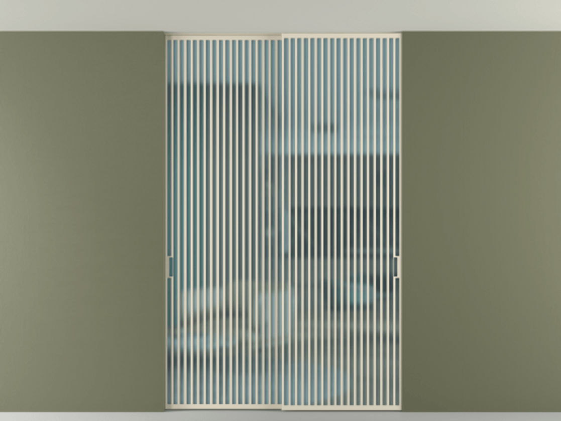 Перегородка Formato внутри проёма скрытое крепление в потолок 2 створки АЛПР 040.06 Алюминий бежево-серый Сатинированное голубое стекло, триплекс Цена 87078010 so'm | Volhovec