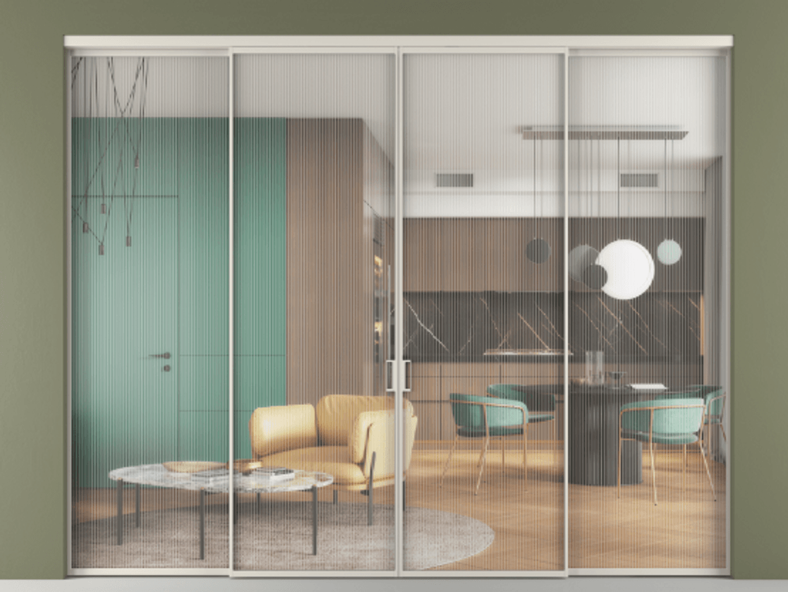 Перегородка Формато внутри проёма 4 створки АЛПР 040.01 Алюминий облачно-серый Рифлёное стекло "Мору", триплекс Цена 66969700 so'm  | Volhovec