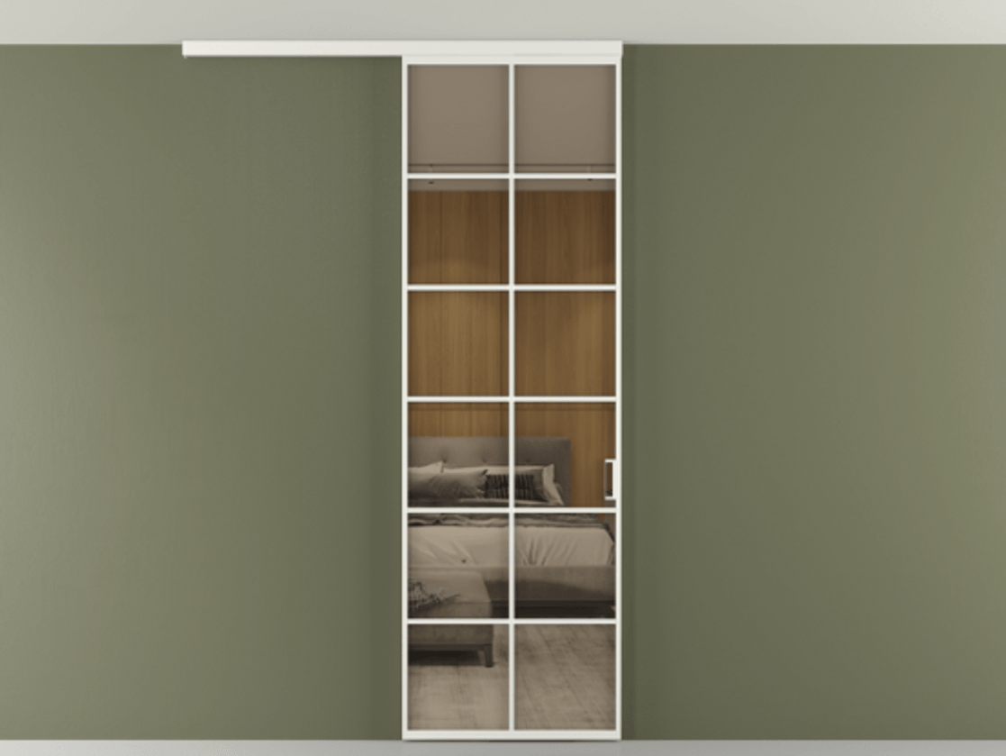 Перегородка Формато вдоль стены на потолок 1 створка АЛПР 040.05 Алюминий светло-серый Рефлективное бронзовое стекло "Стопсол", калёное Цена 27220270 so'm | Volhovec