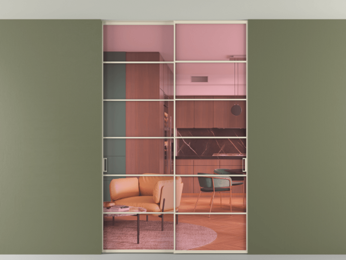 Перегородка Формато внутри проёма скрытое крепление в потолок 2 створки АЛПР 040.04 Алюминий бежево-серый Прозрачное розовое стекло, триплекс Цена 261085 ₽ | Volhovec