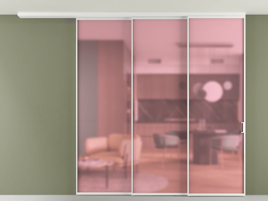 Перегородка Формато вдоль стены на потолок 3 створки с синхронным механизмом АЛПР 040.01 Алюминий белоснежный Сатинированное розовое стекло, триплекс Цена 77567900 so'm | Volhovec