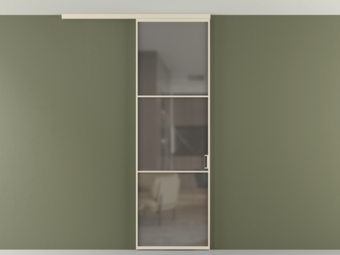 Перегородка Формато вдоль стены на потолок 1 створка АЛПР 040.03 Алюминий бежево-серый Сатинированное серое стекло, триплекс Цена 19662170 so'm | Volhovec