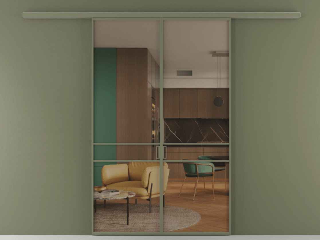 Перегородка Формато вдоль стены 2 створки АЛПР 040.02 Алюминий оливковый тёмный Прозрачное бронзовое стекло, триплекс Цена 39676350 so'm | Volhovec