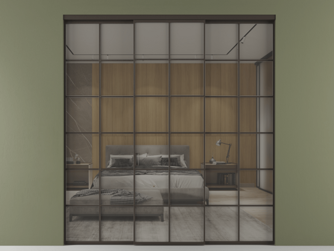 Перегородка Формато внутри проёма 3 створки АЛПР 040.05 Алюминий антрацит Рефлективное серое стекло "Стопсол", калёное Цена 69223000 so'm | Volhovec