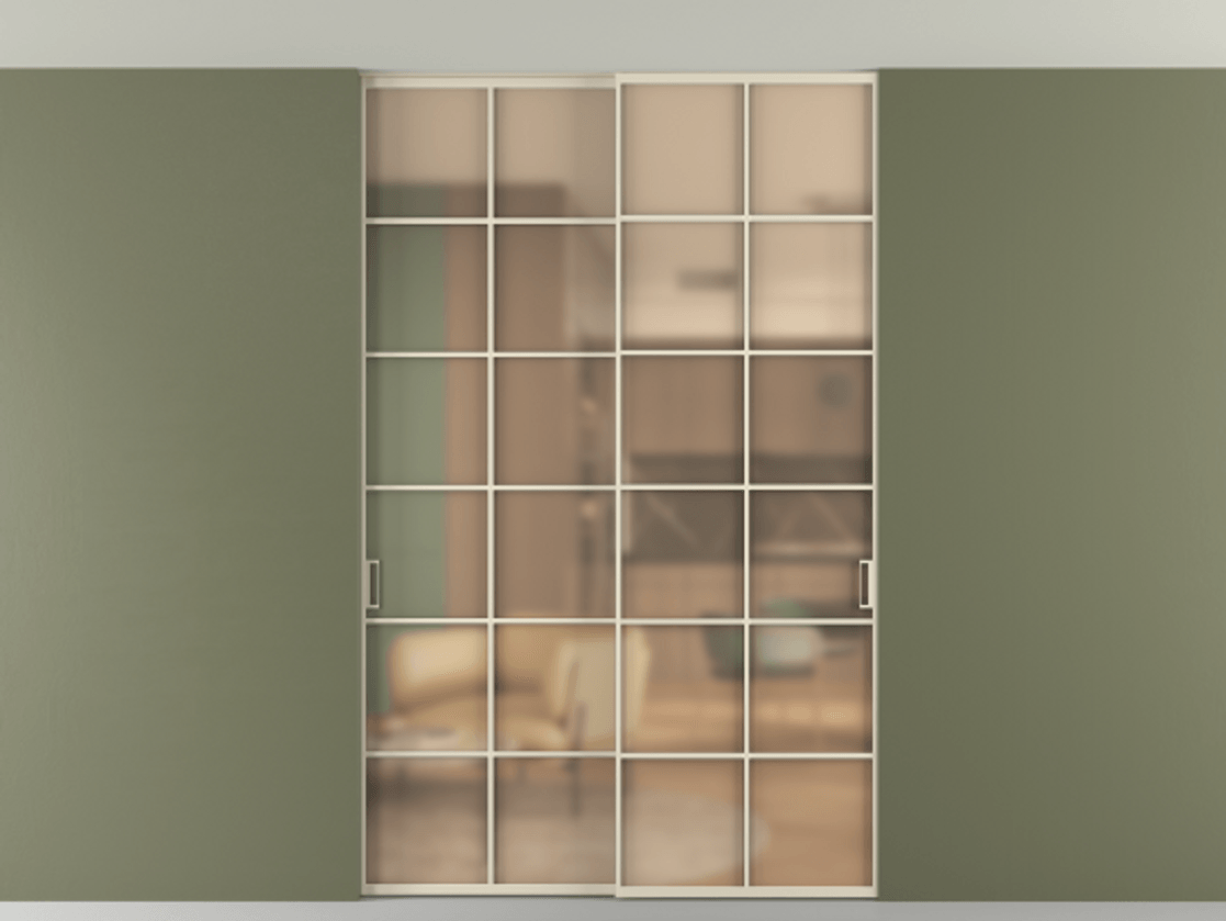 Перегородка Formato внутри проёма скрытое крепление в потолок 2 створки АЛПР 040.05 Алюминий бежево-серый Сатинированное оранжевое стекло, триплекс Цена 53000260 so'm | Volhovec