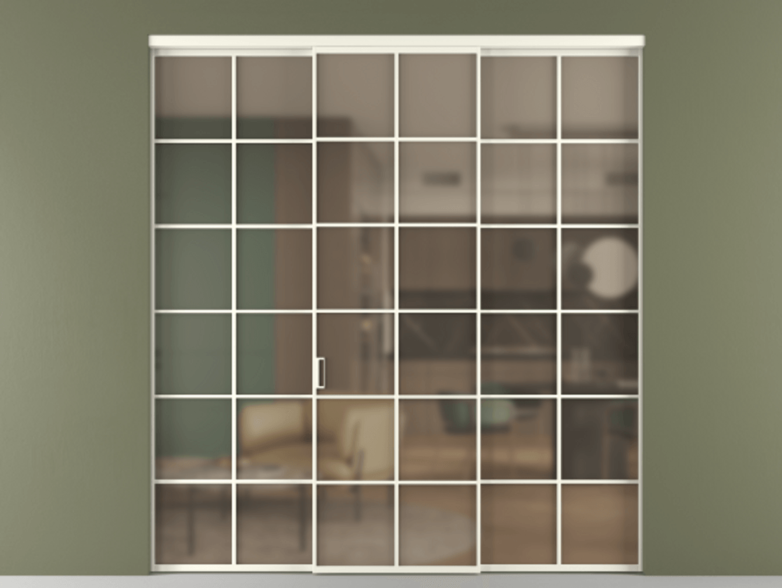 Перегородка Формато внутри проёма 3 створки АЛПР 040.05 Алюминий жемчужный Сатинированное бронзовое стекло, триплекс Цена 254825 ₽ | Volhovec