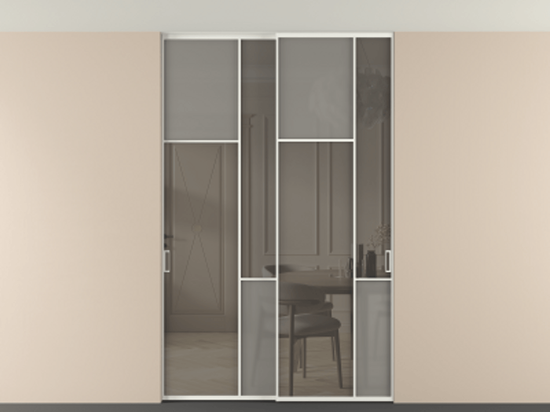 Перегородка Мозаик внутри проёма скрытое крепление в потолок 2 створки АЛПР 041.10 Алюминий светло-серый Сатинированное серое стекло, триплекс, 6 мм + Прозрачное серое стекло, триплекс Цена 65889740 so'm | Volhovec