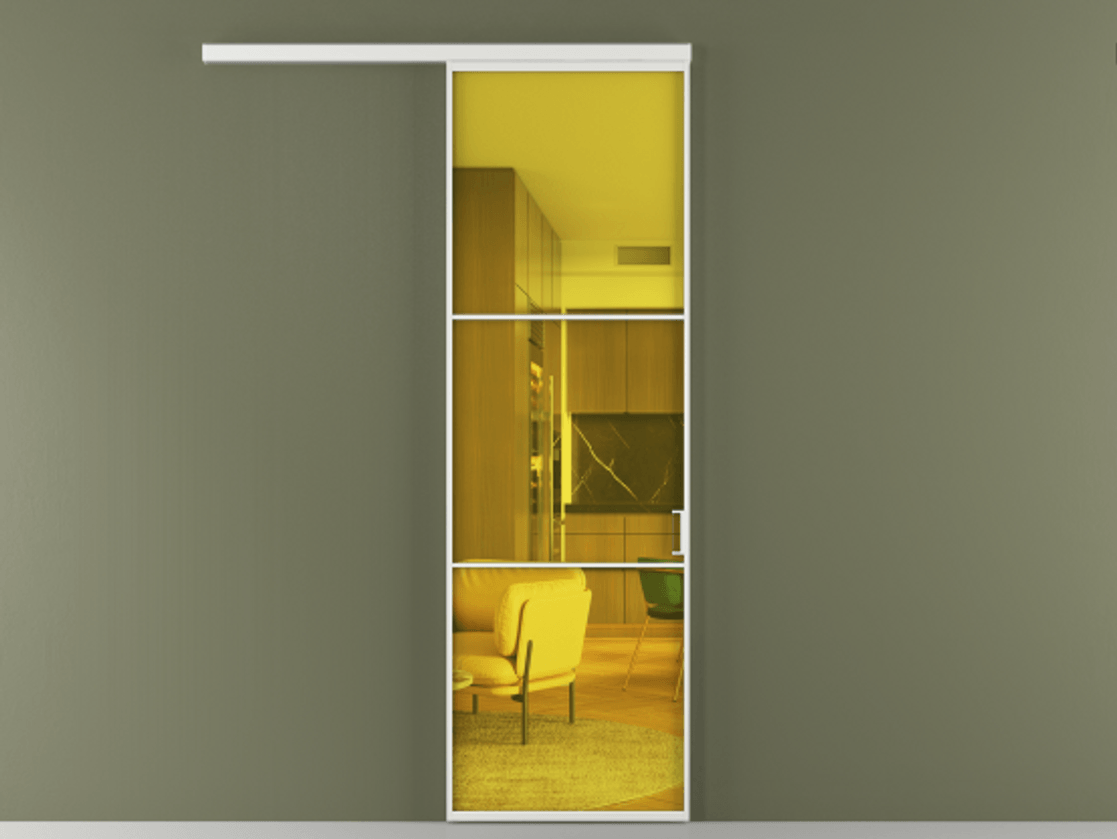 Перегородка Формато вдоль стены 1 створка АЛПР 040.03 Алюминий белоснежный Прозрачное жёлтое стекло, триплекс Цена 21534240 so'm  | Volhovec