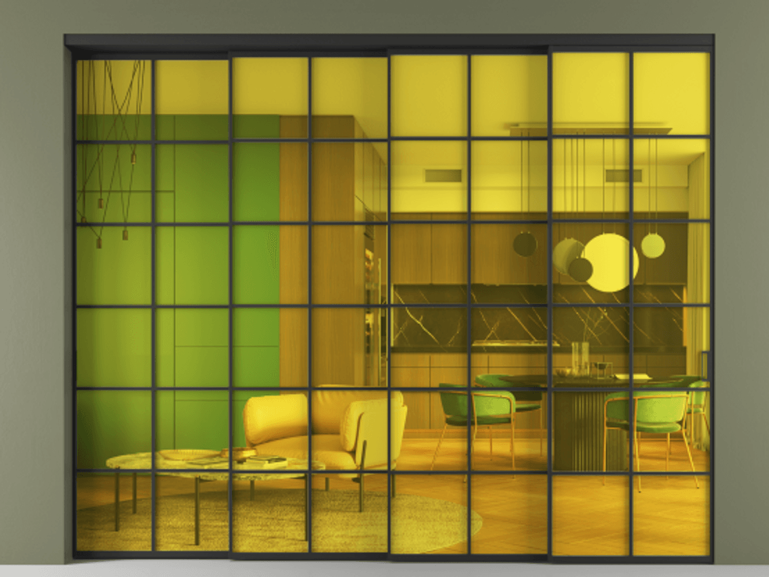 Перегородка Formato внутри проёма 4 створки с синхронным механизмом АЛПР 040.05 Алюминий Черный Прозрачное жёлтое стекло, триплекс Цена 94553340 so'm | Volhovec