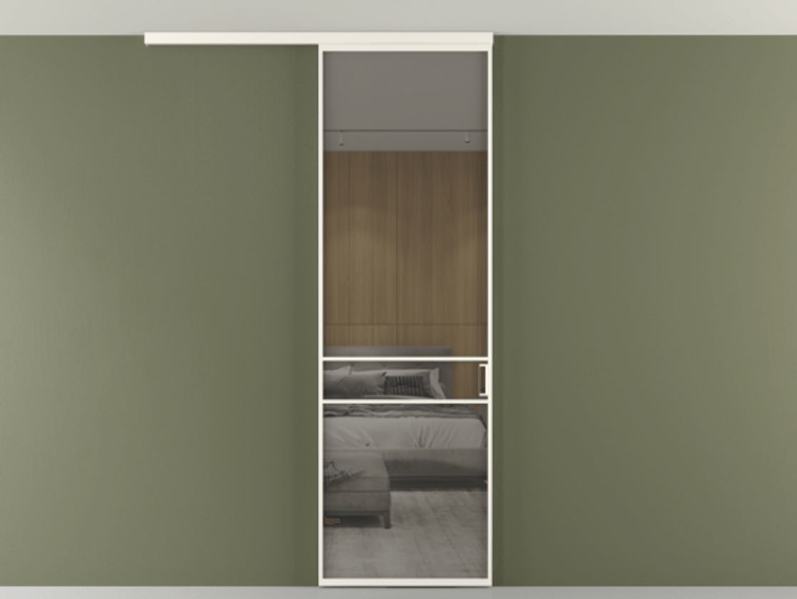 Перегородка Формато вдоль стены на потолок 1 створка АЛПР 040.02 Алюминий пудровый белый Рефлективное серое стекло "Стопсол", калёное Цена 25478530 so'm | Volhovec