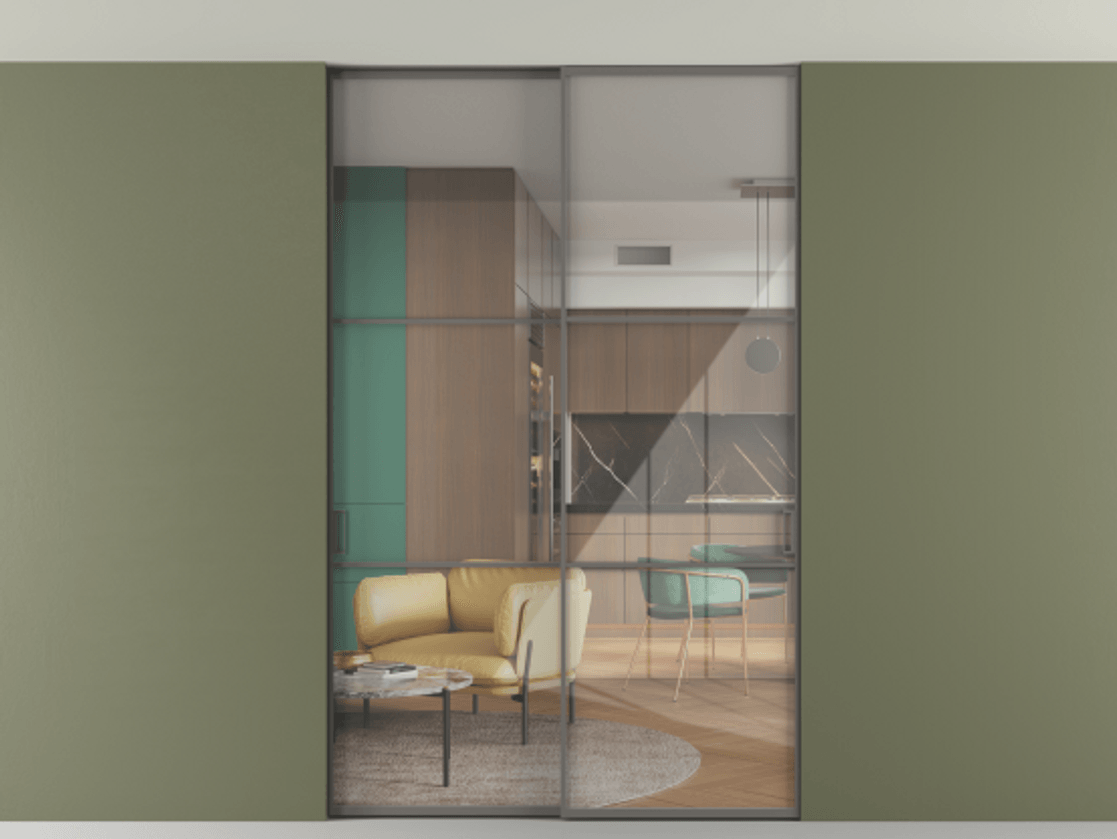 Перегородка Формато внутри проёма скрытое крепление в потолок 2 створки АЛПР 040.03 Алюминий классический серый Рефлективное прозрачное стекло "Стопсол", калёное Цена 62020560 so'm | Volhovec