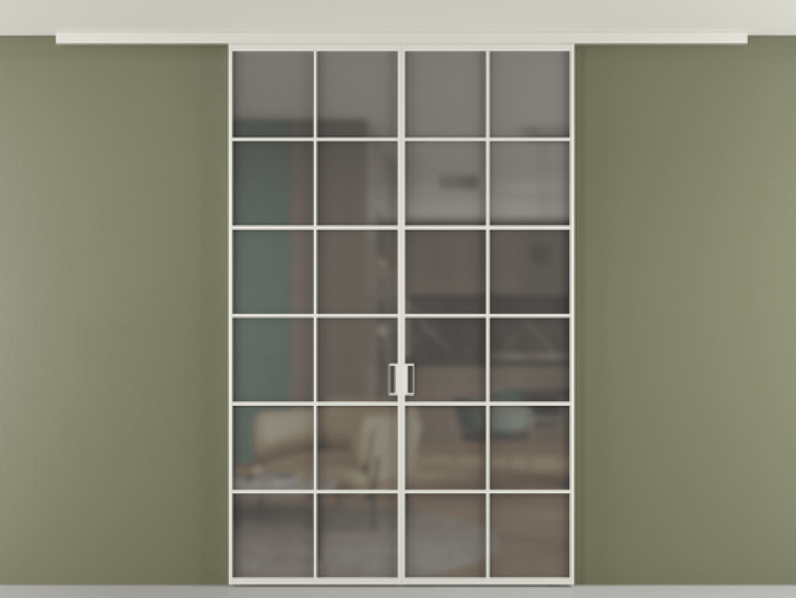 Перегородка Формато вдоль стены на потолок 2 створки АЛПР 040.05 Алюминий Белый Сатинированное серое стекло, триплекс Цена 47741540 so'm | Volhovec