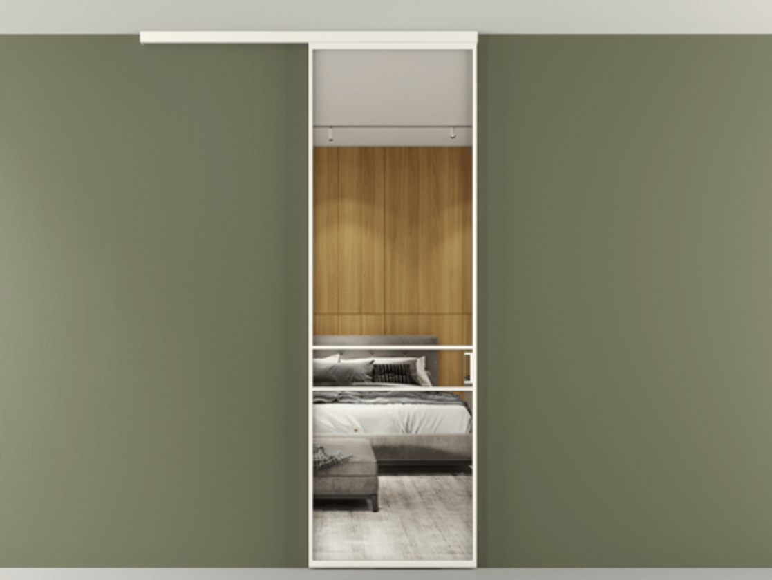 Перегородка Формато вдоль стены на потолок 1 створка АЛПР 040.02 Алюминий пудровый белый Двустороннее зеркало, триплекс , триплекс 6 мм Цена 96858 ₽ | Volhovec