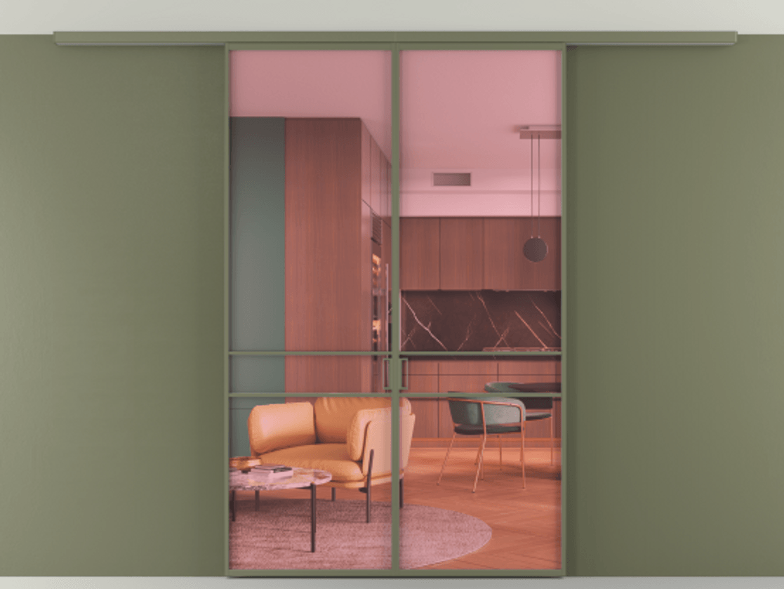 Перегородка Formato вдоль стены на потолок 2 створки АЛПР 040.02 Алюминий оливковый тёмный Прозрачное розовое стекло, триплекс Цена 39559770 so'm | Volhovec