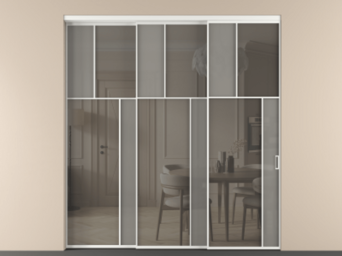 Перегородка Мозаик внутри проёма 3 створки с синхронным механизмом АЛПР 041.23 Алюминий белоснежный Сатинированное серое стекло, триплекс, 6 мм + Прозрачное серое стекло, триплекс Цена 88790170 so'm | Volhovec