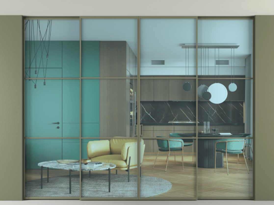 Перегородка Формато внутри проёма скрытое крепление в потолок 4 створки АЛПР 040.03 Алюминий оливковый тёмный Прозрачное голубое стекло, триплекс Цена 92781590 so'm | Volhovec