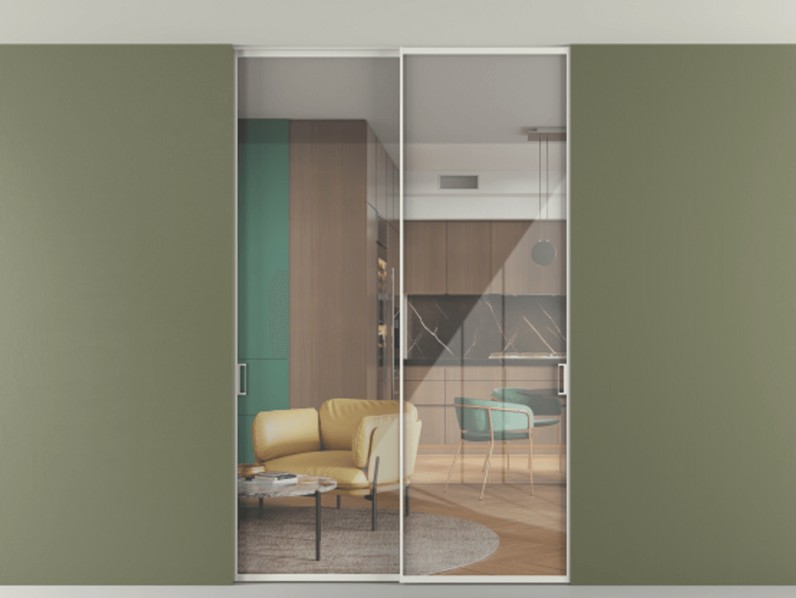 Перегородка Formato внутри проёма скрытое крепление в потолок 2 створки АЛПР 040.01 Алюминий серый Рефлективное прозрачное стекло "Stopsol", калёное Цена 59608920 so'm | Volhovec