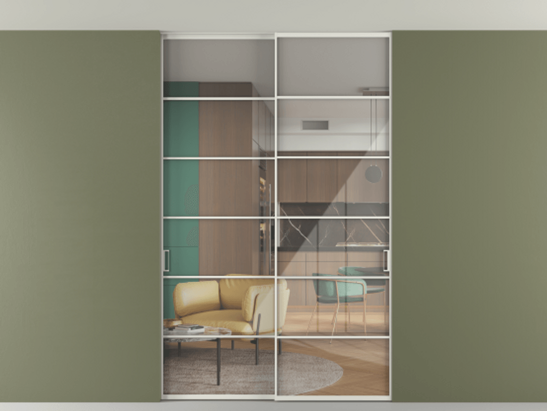 Перегородка Формато внутри проёма скрытое крепление в потолок 2 створки АЛПР 040.04 Алюминий серый Рефлективное прозрачное стекло "Стопсол", калёное Цена 65504040 so'm | Volhovec