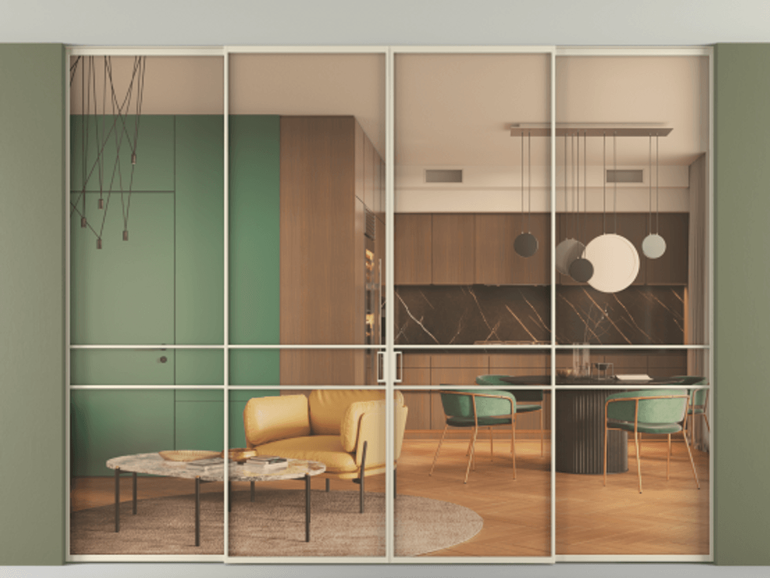 Перегородка Formato внутри проёма скрытое крепление в потолок 4 створки АЛПР 040.02 Алюминий бежево-серый Прозрачное оранжевое стекло, триплекс Цена 106197420 so'm | Volhovec