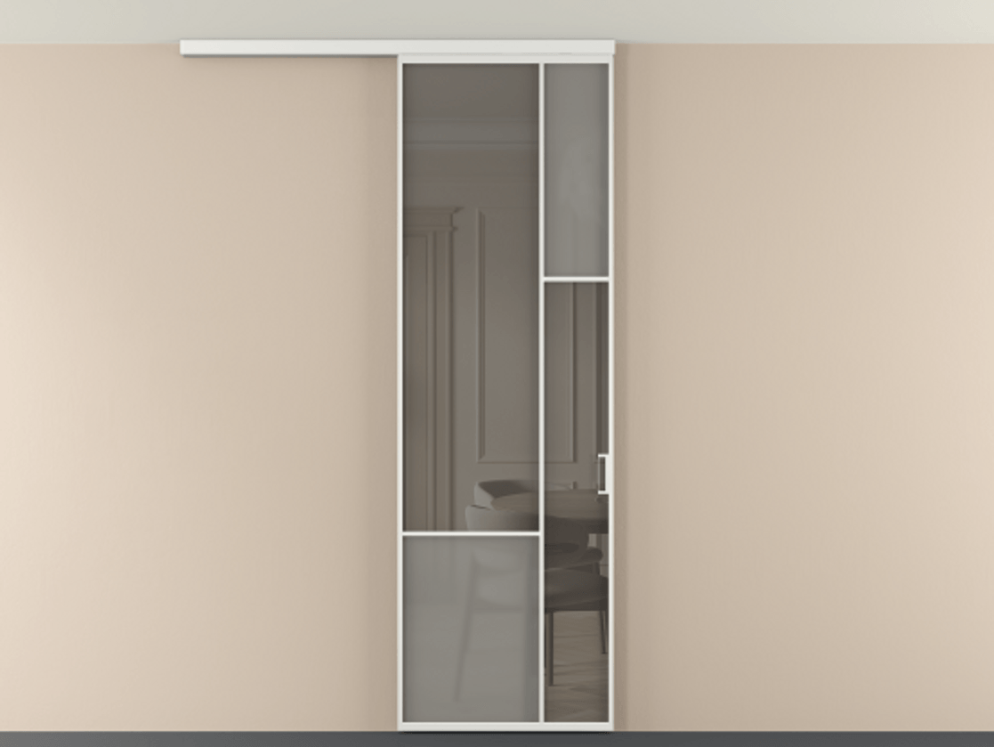 Перегородка Mosaic вдоль стены на потолок 1 створка АЛПР 041.12 Алюминий белоснежный Сатинированное серое стекло, триплекс, 6 мм + Прозрачное серое стекло, триплекс Цена 27413120 so'm | Volhovec