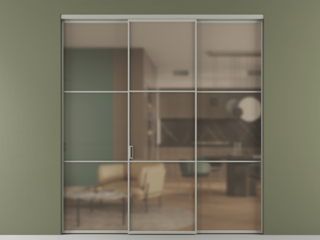 Перегородка Формато внутри проёма 3 створки АЛПР 040.03 Алюминий нейтральный серый Сатинированное бронзовое стекло, триплекс Цена 48166830 so'm | Volhovec