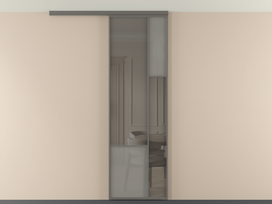 Перегородка Мозаик вдоль стены на потолок 1 створка АЛПР 041.12 Алюминий классический серый Сатинированное серое стекло, триплекс, 6 мм + Прозрачное серое стекло, триплекс Цена 27413120 so'm | Volhovec