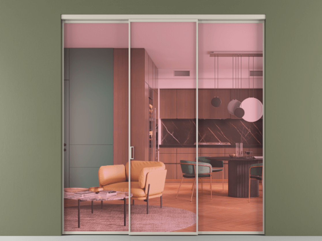 Перегородка Формато внутри проёма 3 створки АЛПР 040.01 Алюминий светло-бежевый Прозрачное розовое стекло, триплекс Цена 45700380 so'm | Volhovec