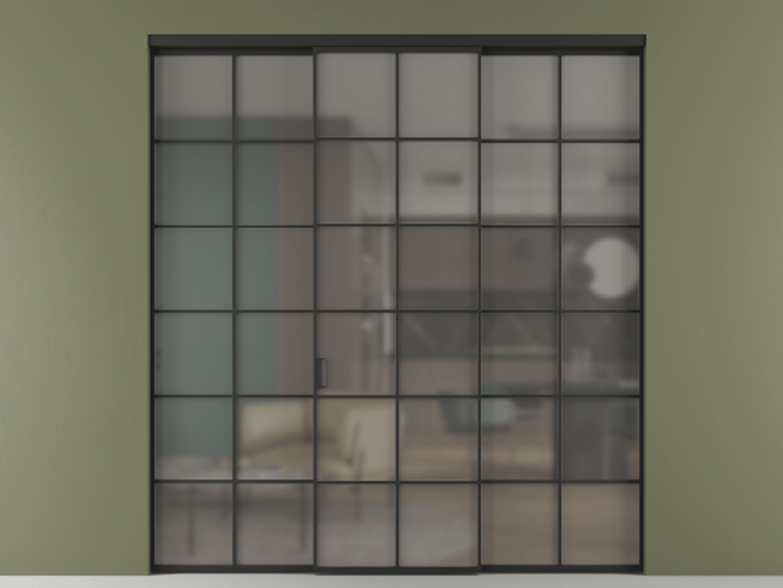 Перегородка Формато внутри проёма 3 створки АЛПР 040.05 Алюминий Черный Сатинированное серое стекло, триплекс Цена 49658880 so'm | Volhovec