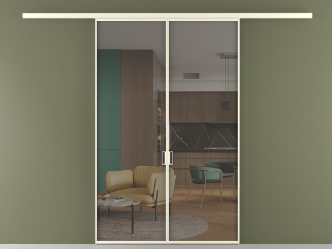 Перегородка Формато вдоль стены 2 створки АЛПР 040.01 Алюминий молочно-белый Прозрачное серое стекло, триплекс Цена 38032050 so'm | Volhovec