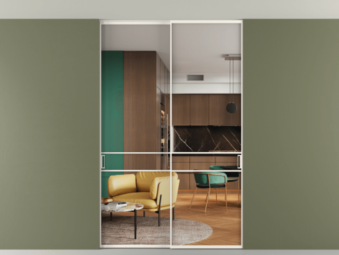 Перегородка Формато внутри проёма скрытое крепление в потолок 2 створки АЛПР 040.02 Алюминий пудровый белый Прозрачное стекло "Кристал Вижн", калёное Цена 62020560 so'm | Volhovec