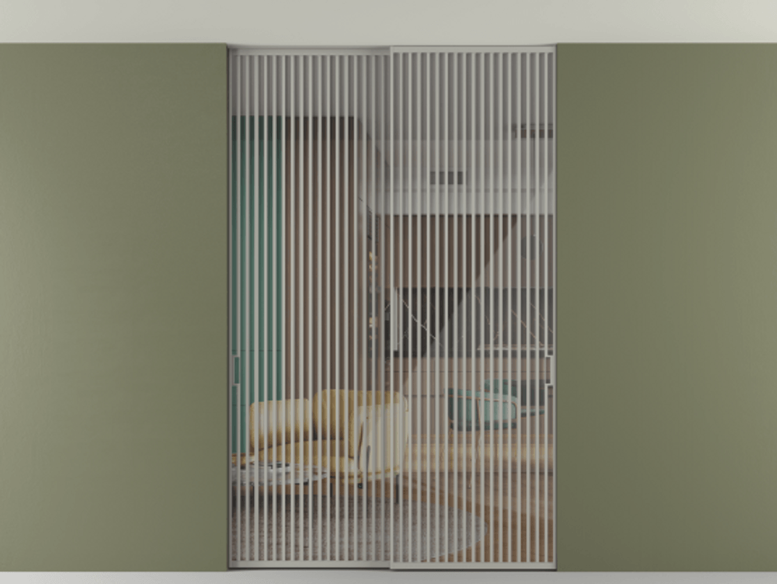 Перегородка Формато внутри проёма скрытое крепление в потолок 2 створки АЛПР 040.06 Алюминий нейтральный серый Рефлективное прозрачное стекло "Стопсол", калёное Цена 105787360 so'm | Volhovec