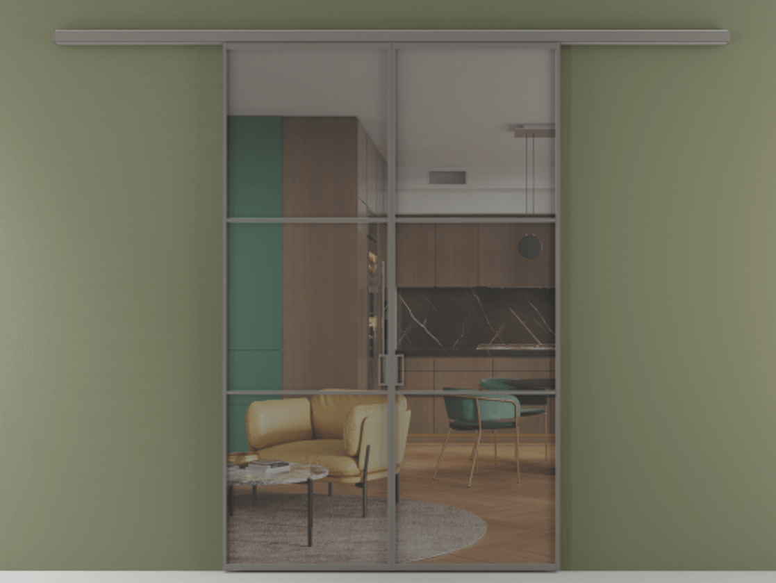 Перегородка Формато вдоль стены 2 створки АЛПР 040.03 Алюминий классический серый Прозрачное серое стекло, триплекс Цена 195450 ₽ | Volhovec