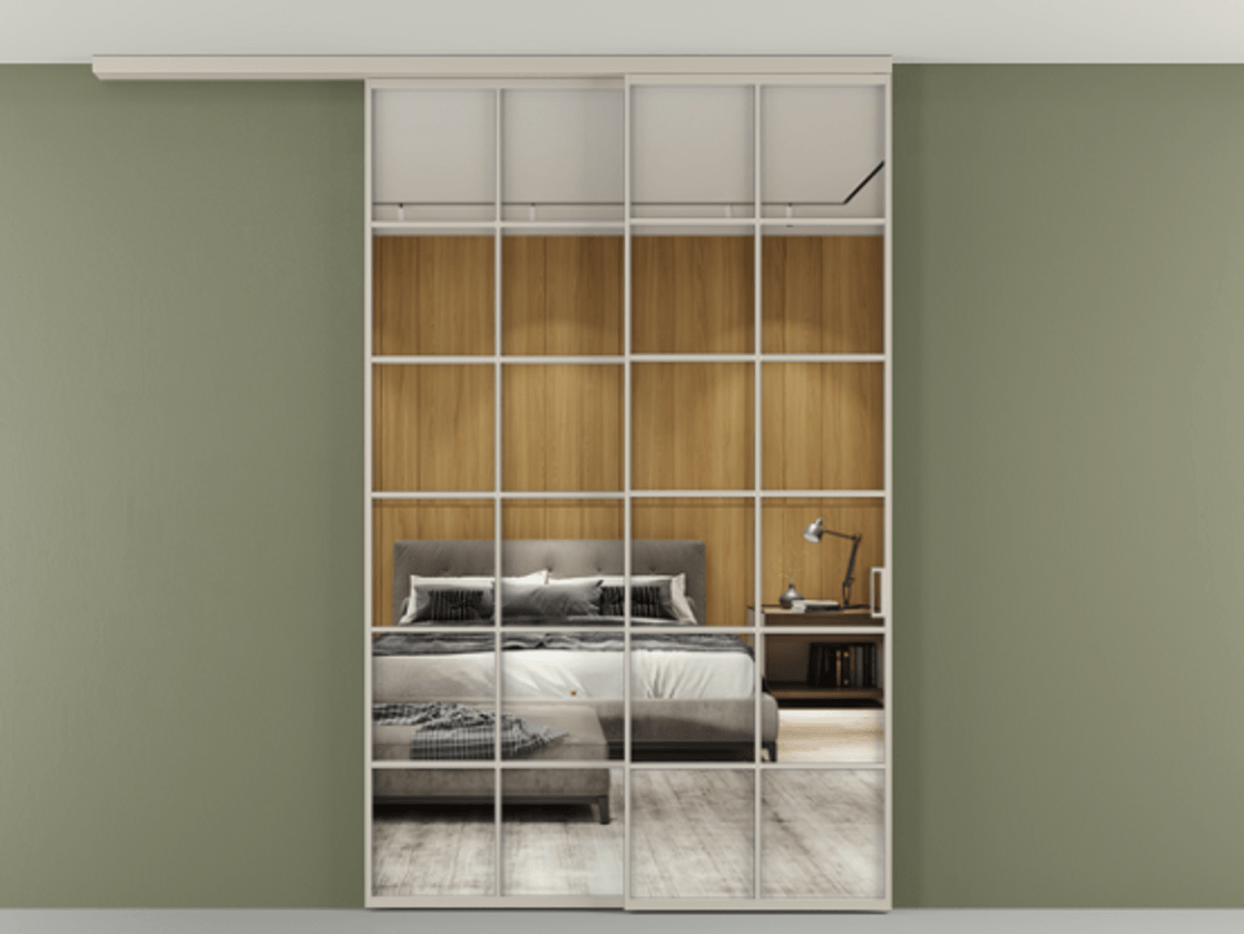 Перегородка Формато вдоль стены на потолок 2 створки с синхронным механизмом АЛПР 040.05 Алюминий светло-бежевый Двустороннее зеркало, триплекс , триплекс 6 мм Цена 59215910 so'm | Volhovec