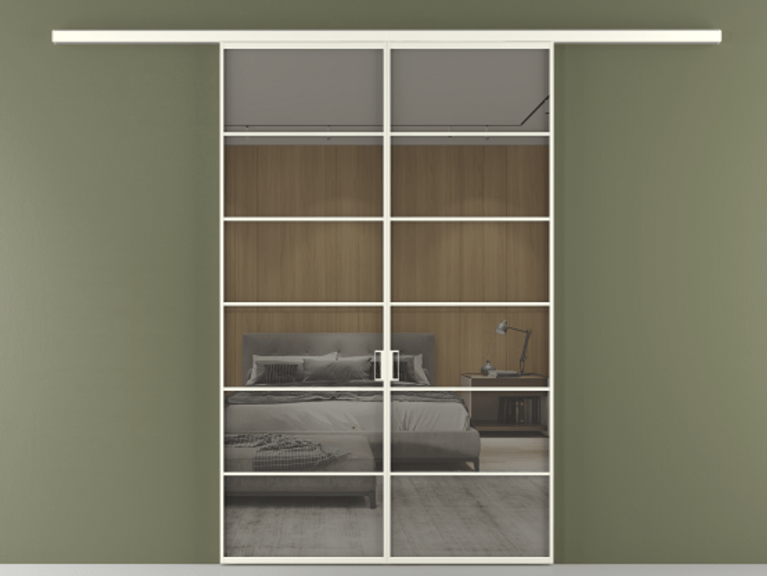 Перегородка Formato вдоль стены 2 створки АЛПР 040.04 Алюминий жемчужный Рефлективное серое стекло "Stopsol", калёное Цена 53713800 so'm | Volhovec