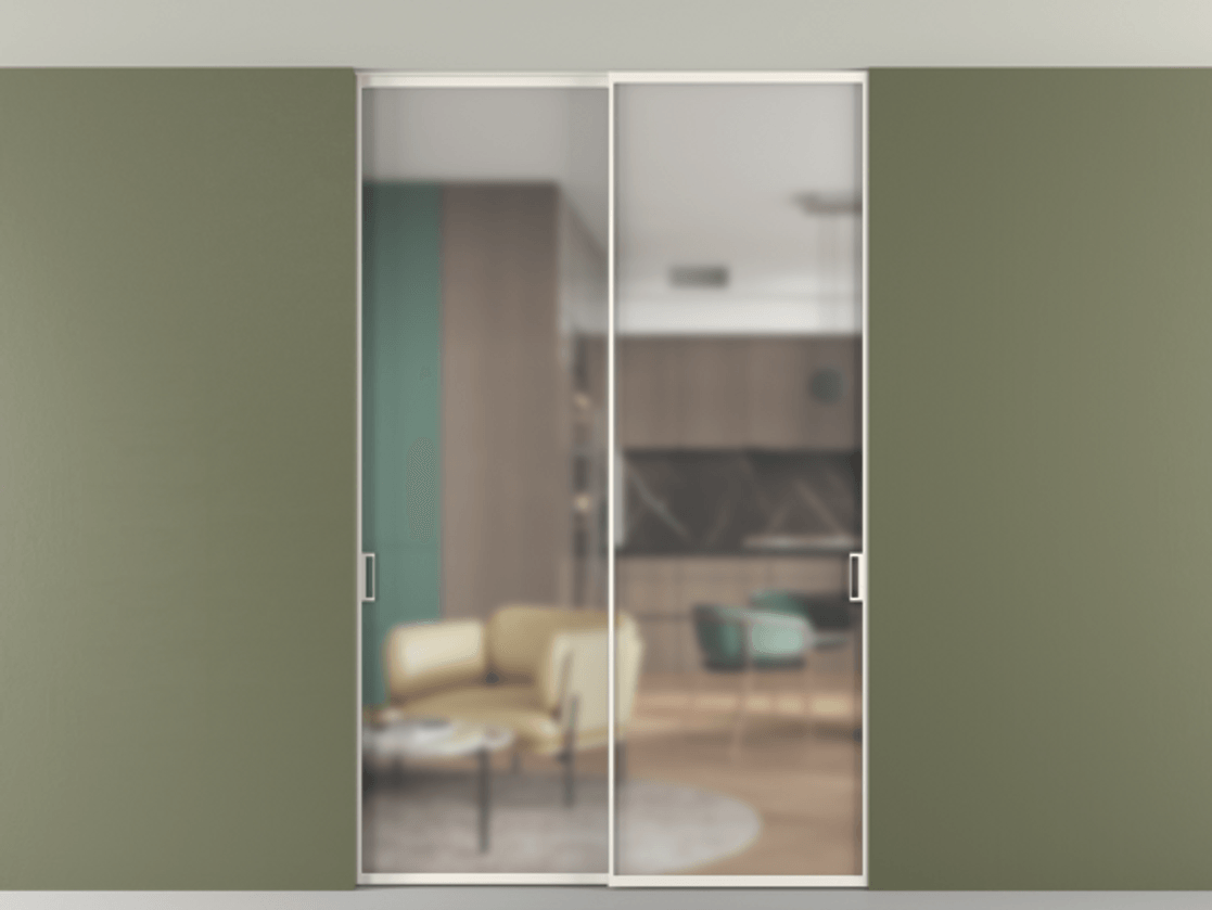 Перегородка Formato внутри проёма скрытое крепление в потолок 2 створки АЛПР 040.01 Алюминий пудровый белый Сатинированное стекло "Мателюкс Кристал Вижн", калёное, матовое, каленое 6 мм Цена 59608920 so'm | Volhovec