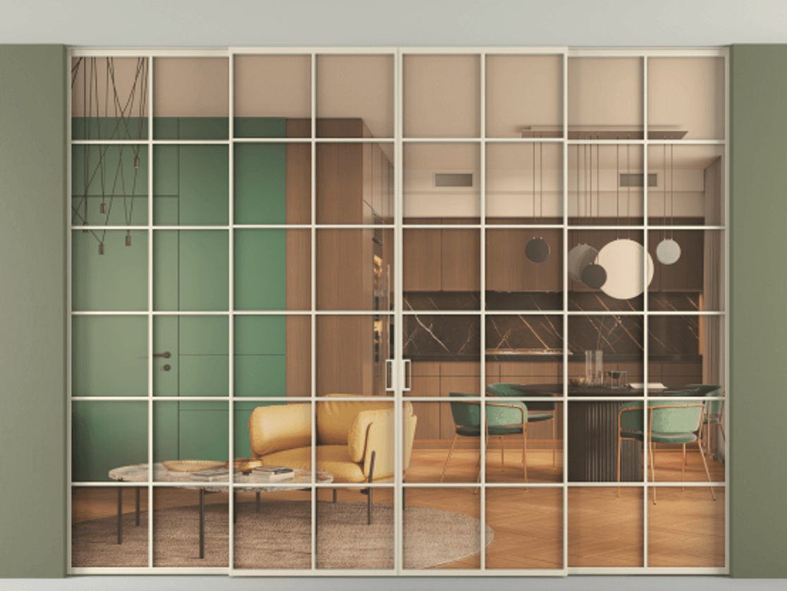 Перегородка Formato внутри проёма скрытое крепление в потолок 4 створки АЛПР 040.05 Алюминий бежево-серый Прозрачное оранжевое стекло, триплекс Цена 98355100 so'm | Volhovec