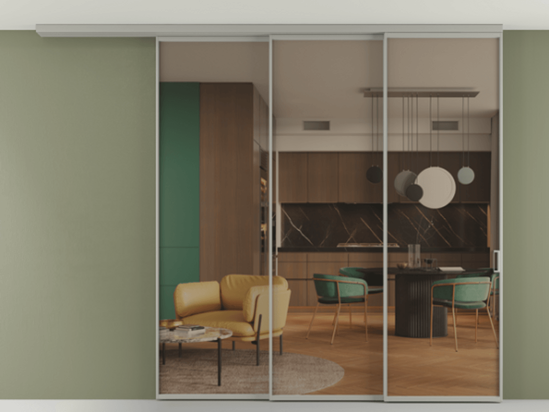 Перегородка Формато вдоль стены на потолок 3 створки с синхронным механизмом АЛПР 040.01 Алюминий нейтральный серый Прозрачное бронзовое стекло, триплекс Цена 75233420 so'm | Volhovec