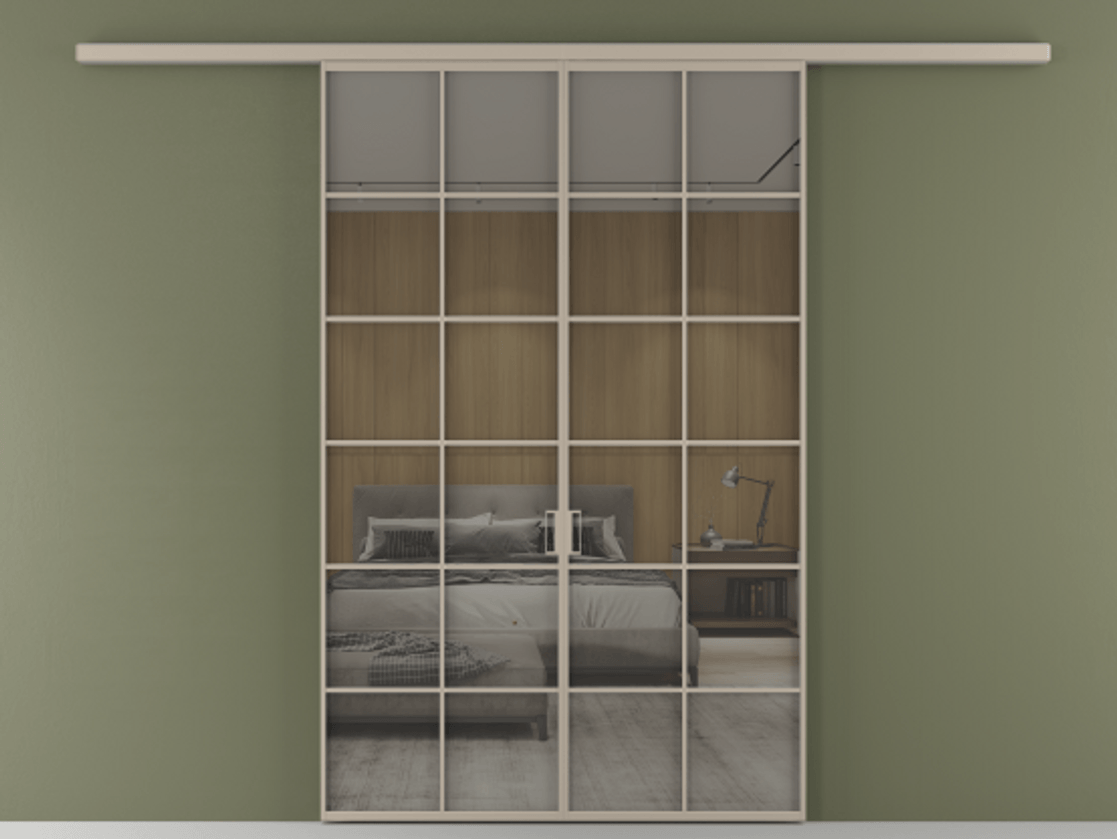 Перегородка Формато вдоль стены 2 створки АЛПР 040.05 Алюминий бисквитный Рефлективное серое стекло "Стопсол", калёное Цена 264600 ₽ | Volhovec