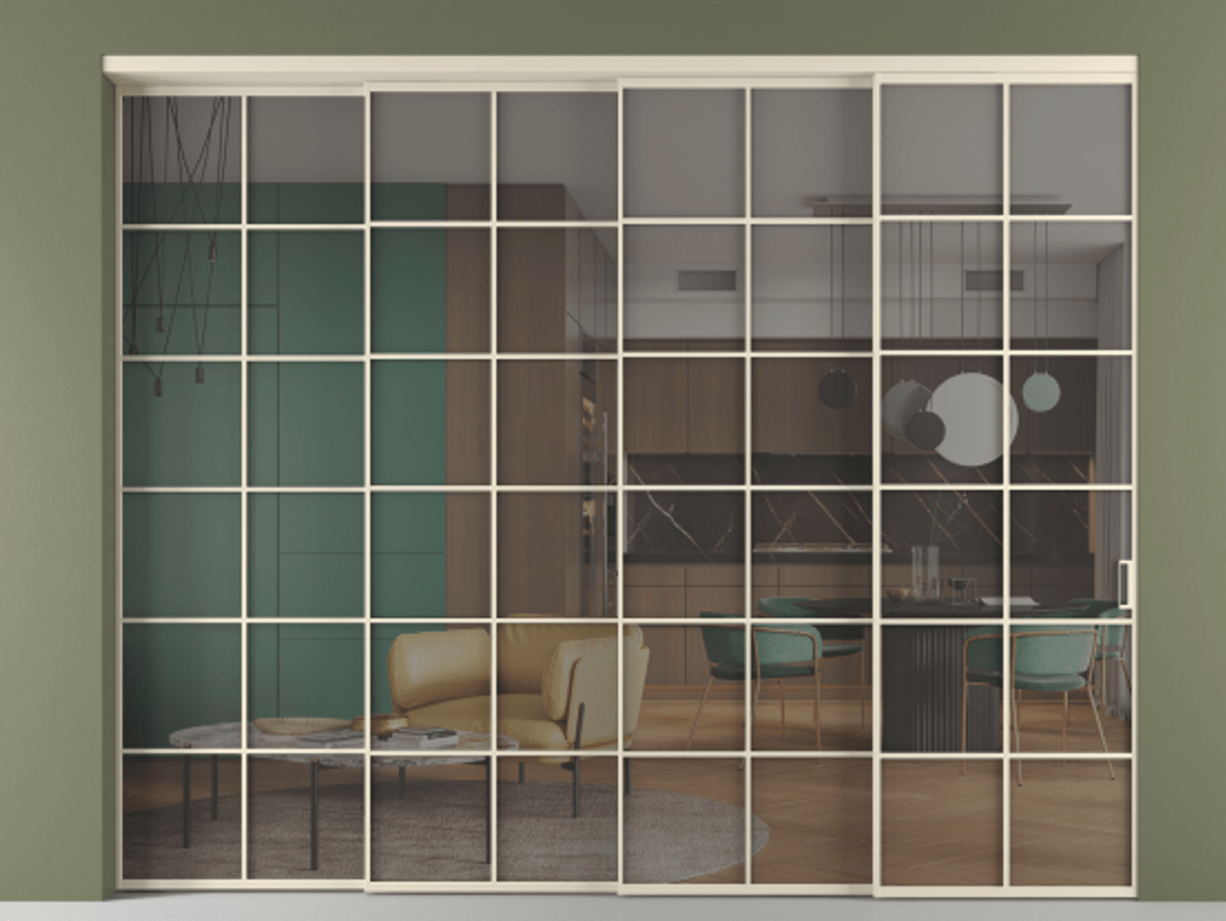 Перегородка Формато внутри проёма 4 створки с синхронным механизмом АЛПР 040.05 Алюминий бежево-серый Прозрачное серое стекло, триплекс Цена 586420 ₽ | Volhovec