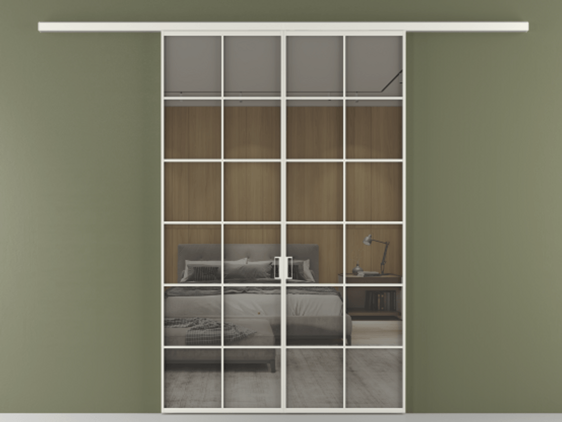 Перегородка Formato вдоль стены 2 створки АЛПР 040.05 Алюминий серый Рефлективное серое стекло "Stopsol", калёное Цена 53713800 so'm | Volhovec