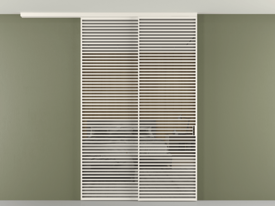 Перегородка Формато вдоль стены на потолок 2 створки с синхронным механизмом АЛПР 040.07 Алюминий пудровый белый Рефлективное серое стекло "Стопсол", калёное Цена 110151860 so'm | Volhovec